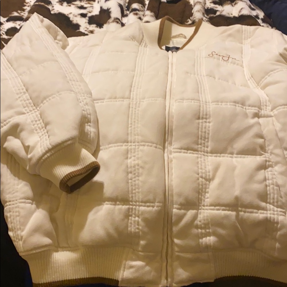 Off-white with a little bit of brown suede jacket